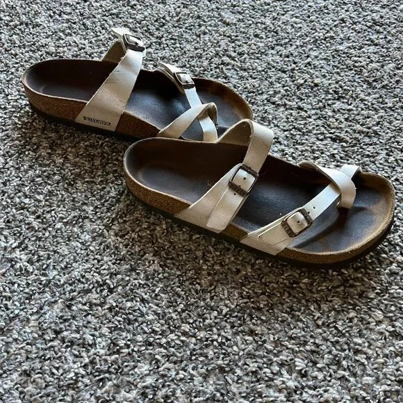 Birkenstock Arizona Sandals Women 7-7.5 (EU 38) Cream Slides Western Comfortable - Picture 3 of 6